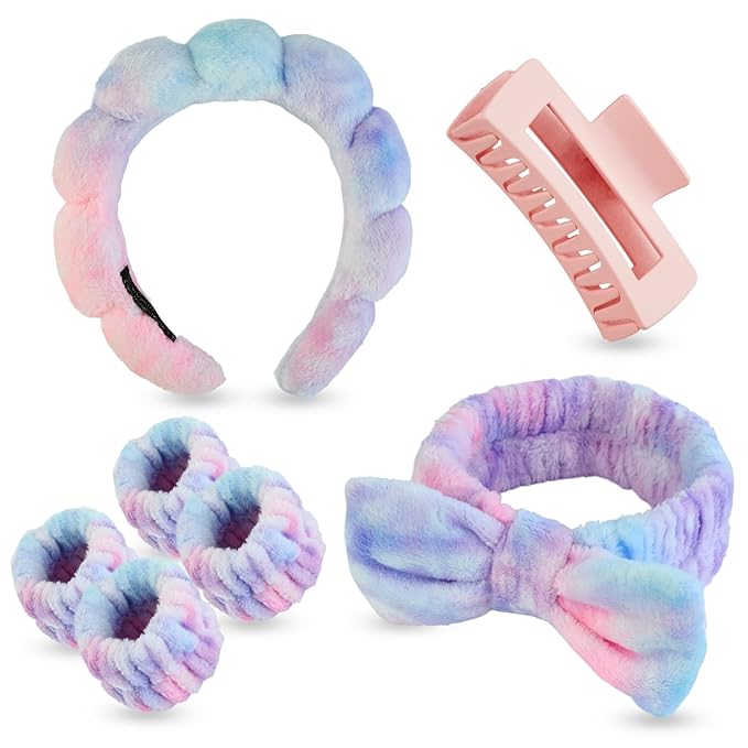7 Pcs Spa Set, Facial Headband and Wristband Set, Skincare Accessories, College Style Girl Gift, Hair Accessories for Women and Girls（Tie Dye）
