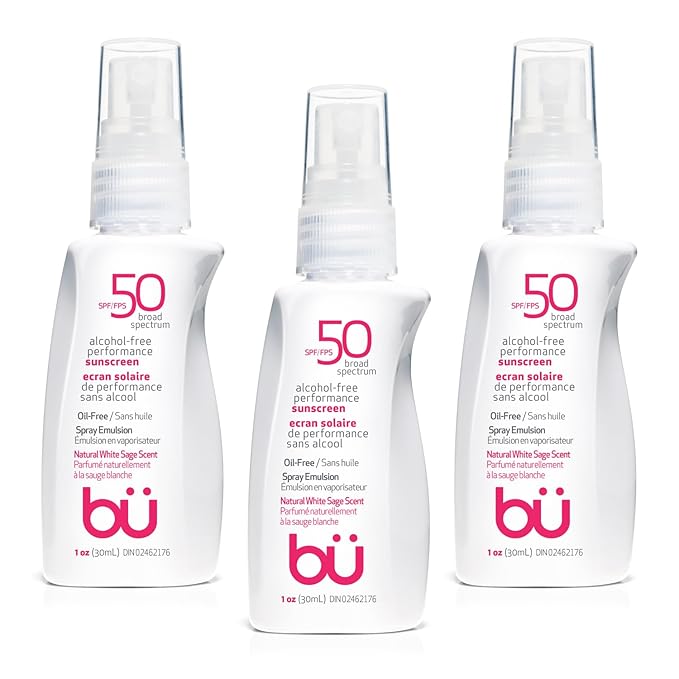 BU SPF 50 Sunscreen Spray for Face and Body, Non Aerosol Spray, TSA Travel Size Sunscreen, Clear, Non Greasy, Water Resistant, White Sage 1 oz (3 Pack)