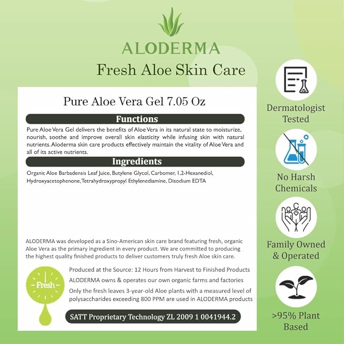 Aloderma Organic Aloe Vera Gel for Face & Body, 96% Pure Aloe Gel Made within 12 Hours of Harvest, Ideal for Skin, Scalp, & Hair Hydration, Calming Moisturizer for Soothing After Sun Care, 7.05oz