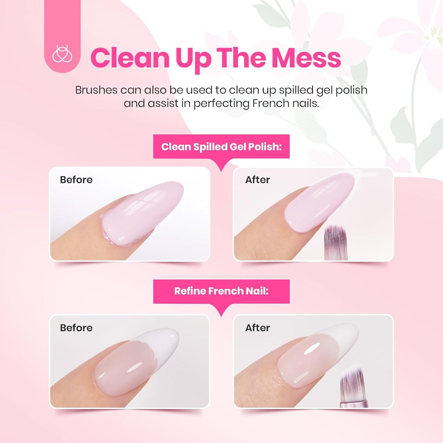 beetles Gel Polish Nail Art Brushes Set 6 Pcs Nail Brush and 8 ml Pink Painting Gel, Floral Pattern Handle Gradient Bristles Fingernail Art Pens DIY with Bowknot Accessories Manicure Design Tools Set