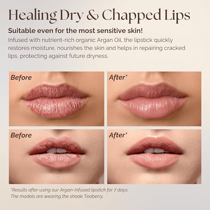 𝗘𝘀𝘀𝗲𝗻𝗰𝗲 𝗼𝗳 𝗔𝗿𝗴𝗮𝗻 Deep Moisturizing, Long Lasting Lipstick & Hydrating Lip Care in One with 100% Pure Organic Argan Oil, Shea Butter, Jojoba Oil & Aloe Vera - Teaberry
