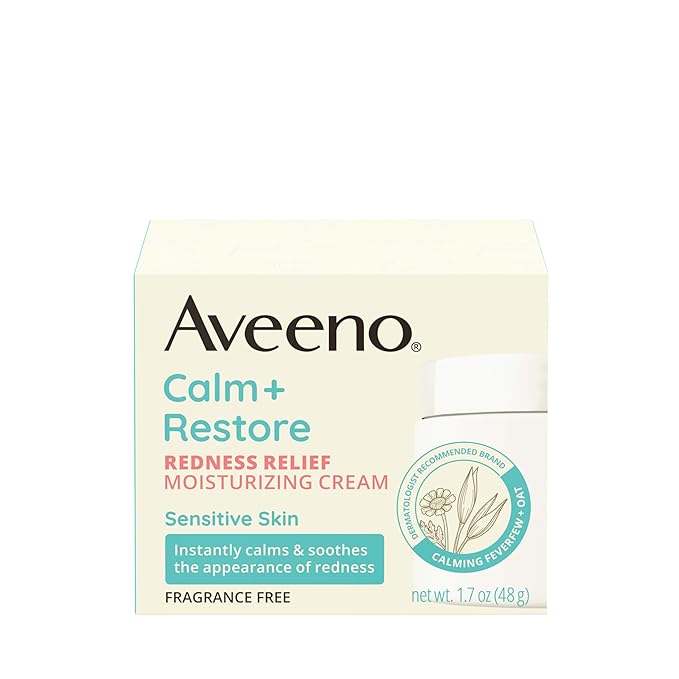 Aveeno Calm + Restore Facial Moisturizer Face Cream for Redness Relief, Non-Comedogenic, Ceramide & Vitamin B5, Hydrating for Dry, Sensitive Skin, Hypoallergenic, Fragrance-Free, 1.7 oz