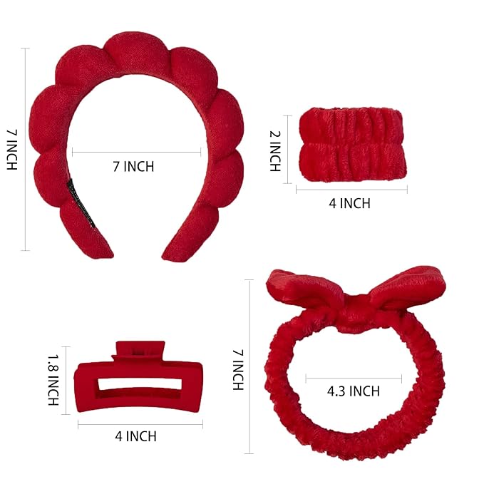 7 Pcs Spa Set, Facial Headband, Spa Headband and Wristband Set, Skincare Headband, College Style Girl Gift, Hair Accessories for Women and Girls（Red）