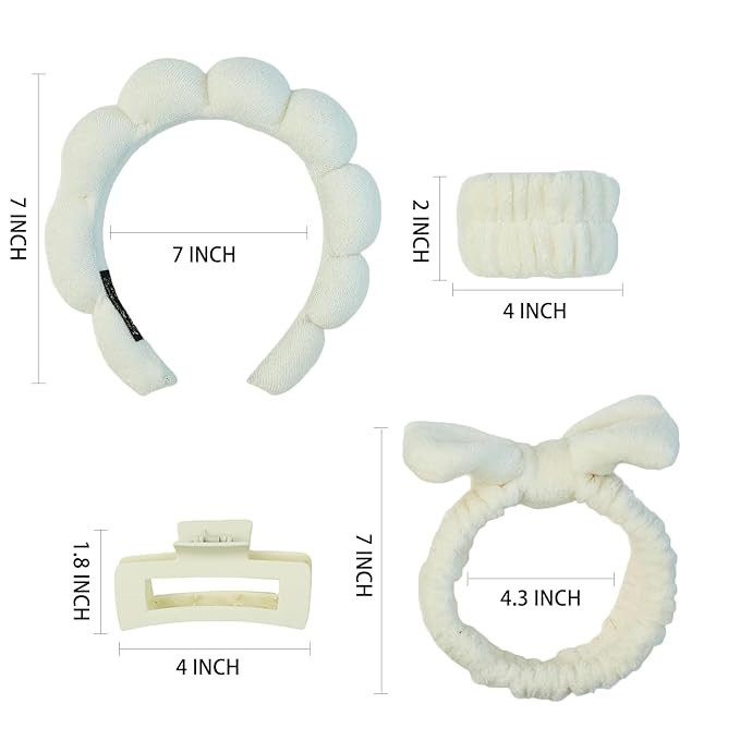 7 Pcs Spa Set, Facial Headband, Spa Headband and Wristband Set, Skincare Headband, College Style Girl Gift, Hair Accessories for Women and Girls（Light Beige）