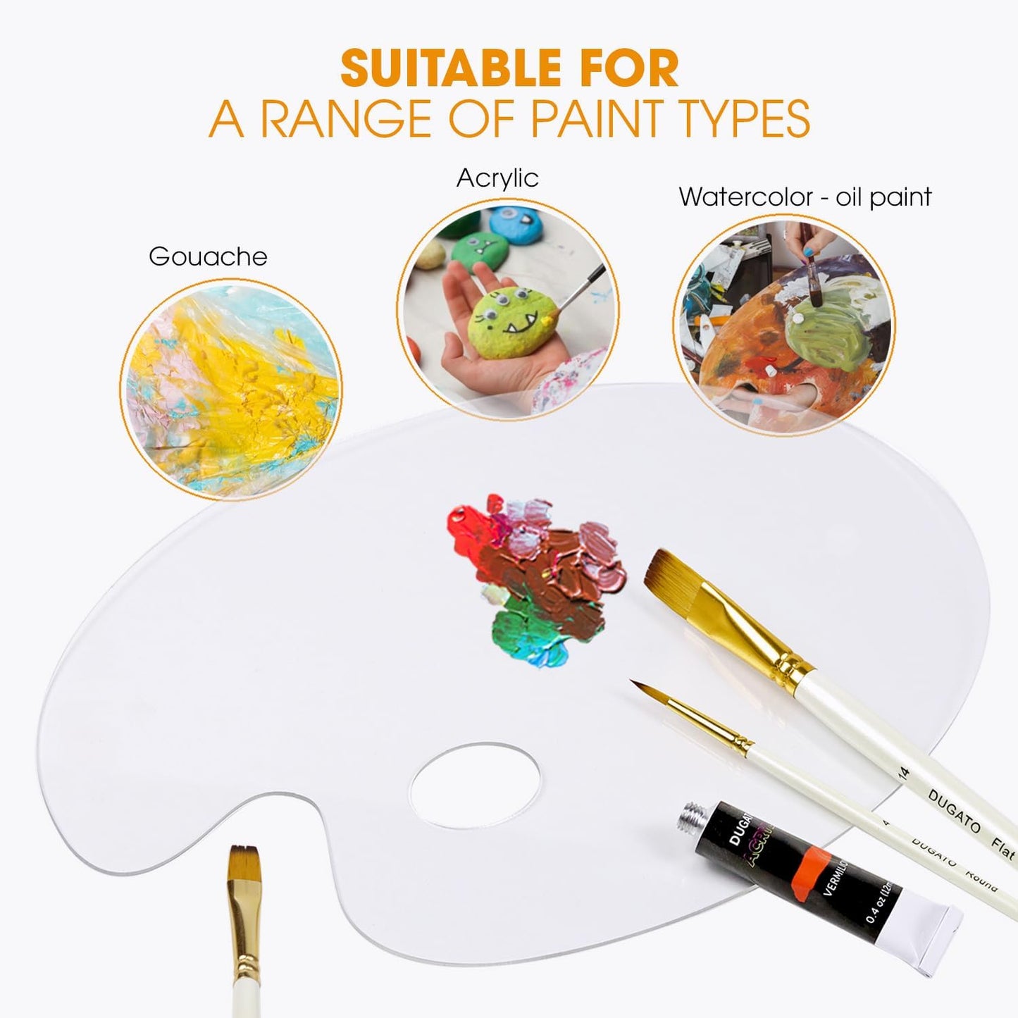 Acrylic Paint Palette 2pcs 11.8 x 7.9 inches with Thumb Hole by DUGATO, Clear Oval-Shaped Non-Stick Acrylic Oil Paint Mixing Tray- Comfortable to Hold & Easy to Clean - for DIY Art Painting Plate