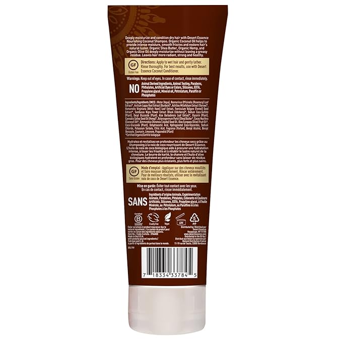Desert Essence Coconut Shampoo, 8 fl oz - Gluten Free, Vegan, Paraben Free - Nourishing for Dry Hair with Coconut Oil, Shea Butter, & Hemp Oil - Mousturizes & Smooths Frizz 8 fl oz.