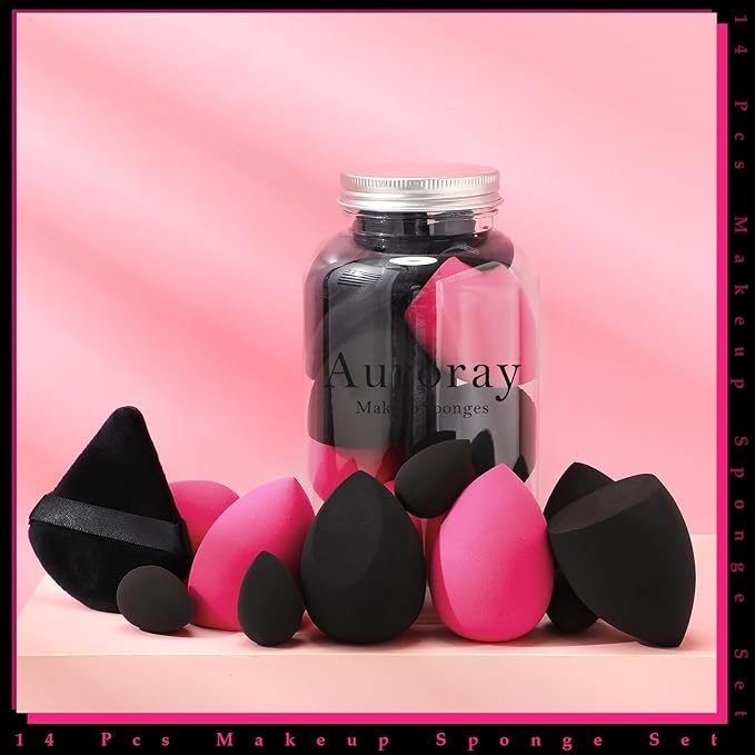 14 Pcs Makeup Sponges,Beauty Sponges Blender with 4 Pcs Powder Puff and 4 Pcs Mini Make up Sponges Valentine's Day Gift,Mother's Day Gift for Women Liquid,Foundation,Powder,Concealer(Black,Hot pink)