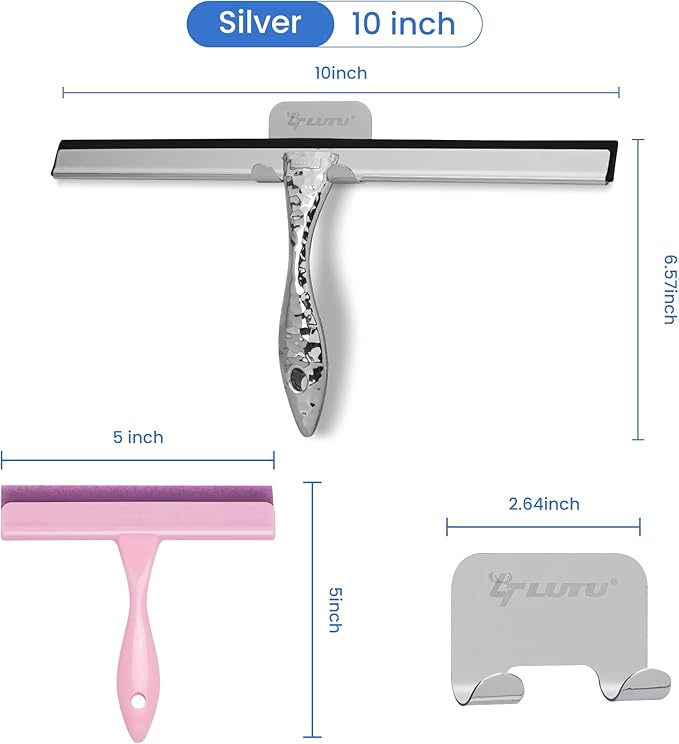 10 inch Shower Squeegee with 2 Hooks & Mini Scraper, Stainless Steel Glass Squeegee with Non-Slip Hammered Handle, Silicone Bathroom Wiper for Mirror, Tile, Window Cleaning Accessories