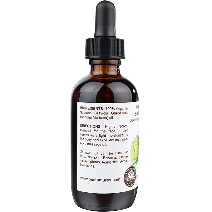 Best Nature's Cosmetics Virgin Soursop Graviola Guanabana Oil (Organic, Undiluted, Cold Pressed, Unrefined) 1 oz / 30 ml – Natural Moisturizer for Dry and Damaged Skin.