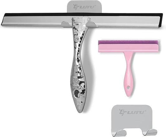 10 inch Shower Squeegee with 2 Hooks & Mini Scraper, Stainless Steel Glass Squeegee with Non-Slip Hammered Handle, Silicone Bathroom Wiper for Mirror, Tile, Window Cleaning Accessories