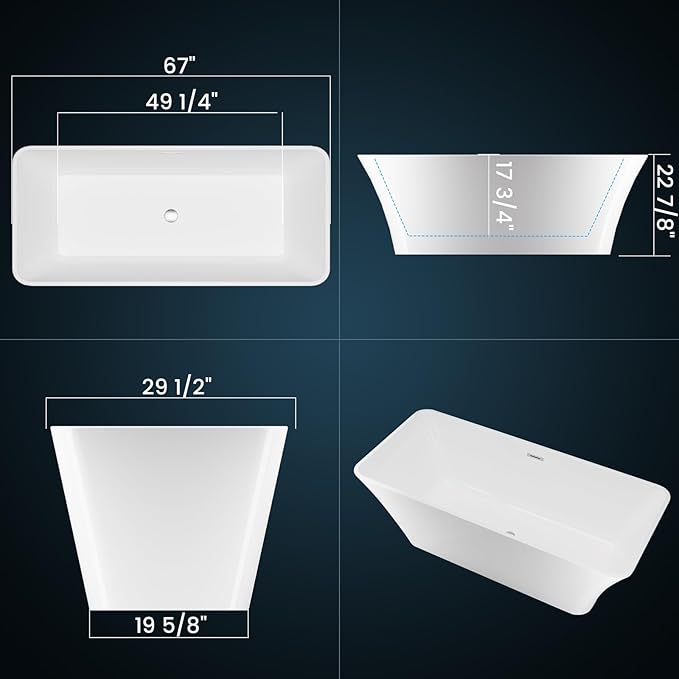 67 Inch Acrylic BathTubs for Bathroom – Contemporary Deep Soaking Oval Tub with Chrome Drain, White Freestanding Style Stand Alone Tubs for Full Body Relaxation and Daily Comfort