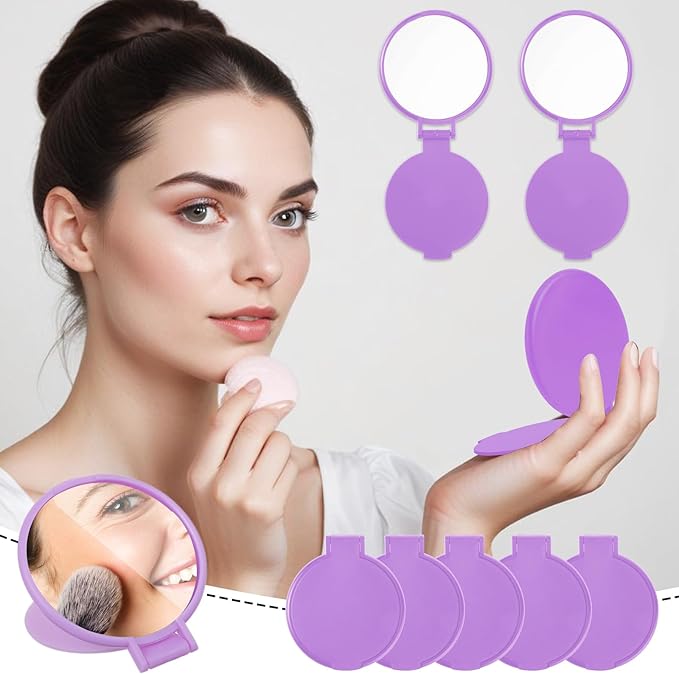 50 Pcs Round Compact Mirror for Purse Mini Folding Mirror Portable Pocket Mirror Makeup Small Mirror Vintage Portable Travel Makeup Mirror for Women Daily Use (Purple)