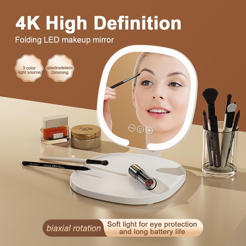 Rechargeable LED Travel Makeup Mirror, 3-Color Lighting, Dimmable Touch Screen, Multi Angle Adjustable, Foldable and Portable Desktop Vanity Mirror with Storage Tray(Pink)