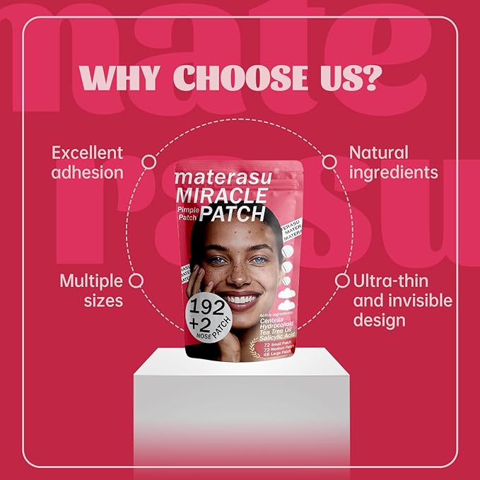 194pc Pimple Patches (192+2 Patches),3 Size with 2 Nose Hydrocolloid Acne Patches with Tea Tree Oil