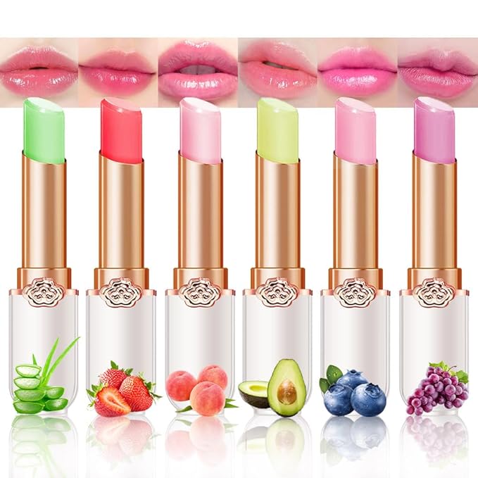 BINGBRUSH Peach Color Changing Lipstick,Moisturizer Long Lasting Lip Care Lip Balm Magic Lip Gloss Lip Tint Stain Gloss Set for Women (6Pcs Aloe Vera + Strawberry + Peach + Avocado+ Blueberry + Grape)