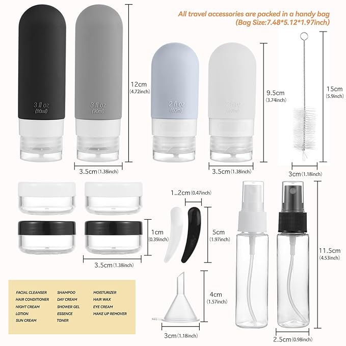 16 Pack Travel Bottles Set - TSA Approved Leak Proof Silicone Squeezable Containers for Toiletries, Conditioner, Shampoo, Lotion & Body Wash Accessories (16 pcs/Black Pack)