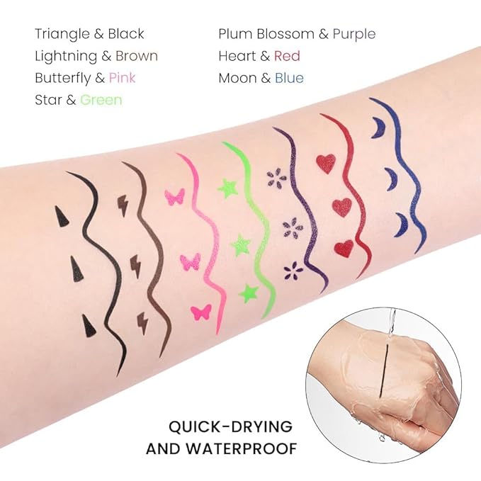 7Pcs Colored Liquid Eyeliners with Face Stamps – Black Brown Purple Blue Red Pink Green Star Flower Heart Moon Triangle Stamps for Cosplay & Gothic Makeup – Beginner-Friendly (multicolor-7Pcs-set01)