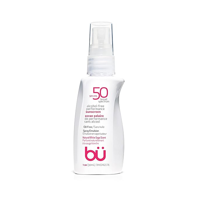 BU SPF 50 Sunscreen Spray for Face and Body, Non Aerosol Spray, TSA Travel Size Sunscreen, Clear, Non Greasy, Water Resistant, for Sensitive Skin, White Sage 1 oz