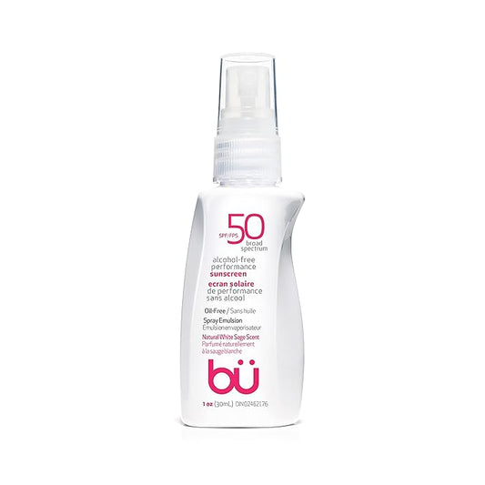 BU SPF 50 Sunscreen Spray for Face and Body, Non Aerosol Spray, TSA Travel Size Sunscreen, Clear, Non Greasy, Water Resistant, for Sensitive Skin, White Sage 1 oz