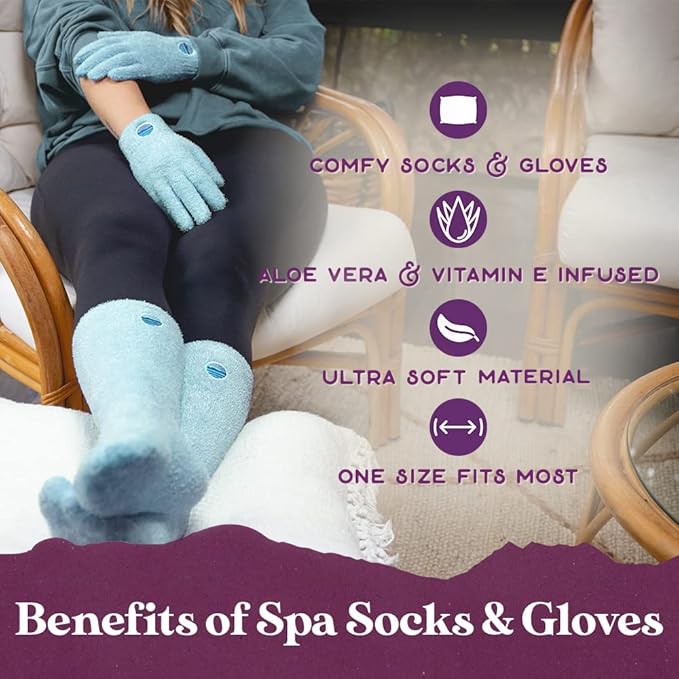 Aloe Socks and Gloves Set | Blue Moisturizing Socks and Gloves Infused with Aloe and Vitamin E | Spa Socks and Gloves for Women