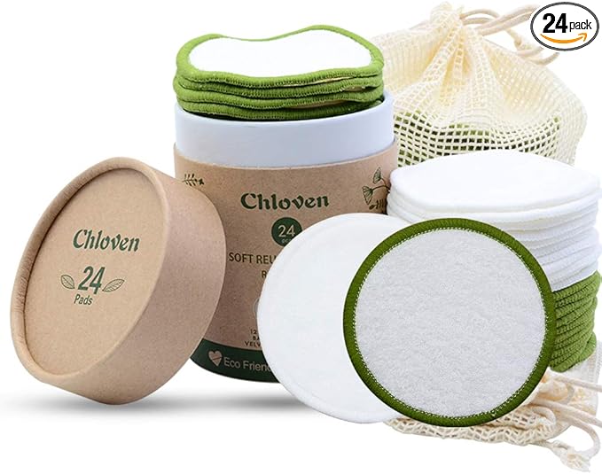 Chloven Reusable Makeup Remover Pads 24 Pack - Washable Eco-Friendly Bamboo Velour Pads for All Skin Types,Bamboo Reusable Cotton Rounds for Toner, with Cotton Laundry Bag and Round Box for Storage