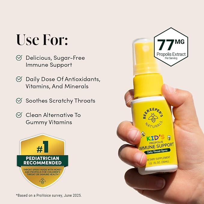 Beekeeper's Naturals Kids Propolis Throat Spray 95% Bee Propolis Extract - Natural Immune Support & Sore Throat Relief, Antioxidants & Gluten-Free, 1.06 oz (Pack of 2)