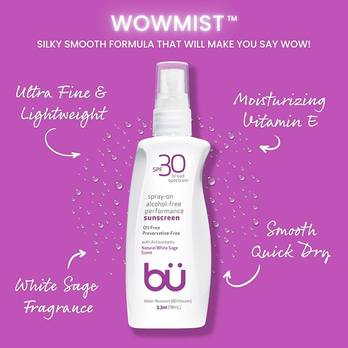 BU SPF 30 Sunscreen Spray for Face and Body, Non Aerosol Spray, Ultrafine WOWmist, TSA Travel Size Sunscreen, Clear, Non Greasy, Water Resistant, White Sage 3.3 oz