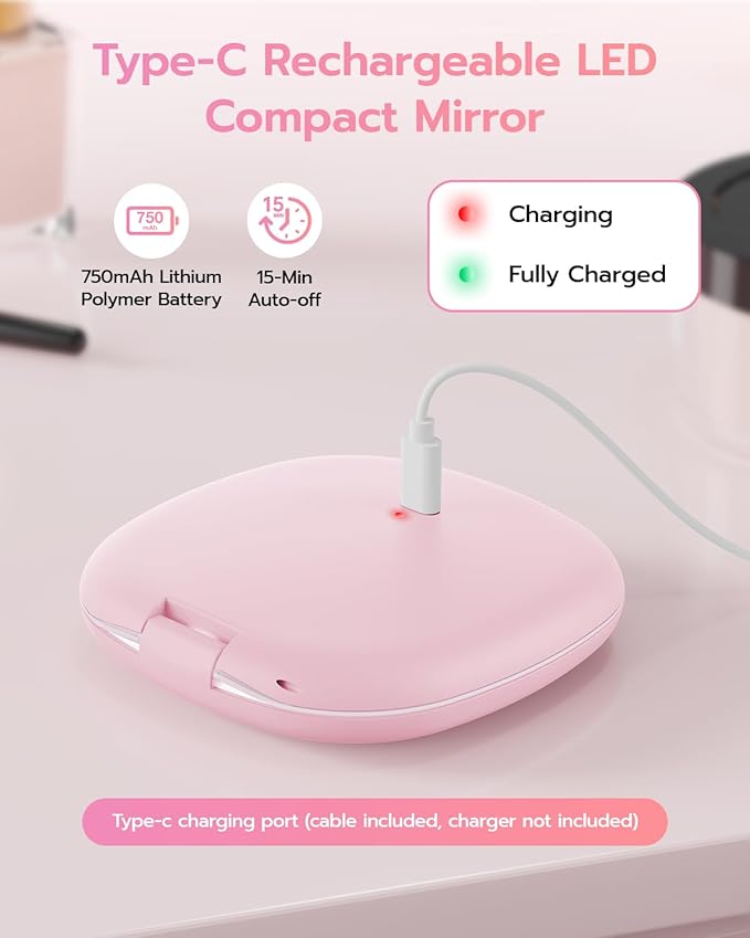 Benbilry 3.9" Rechargeable Compact Makeup Mirror with 3 Light Colors and Magnification 1X / 10X, Double Light Strip Dimmable Small LED Travel Mirror for Purse, Light Pink