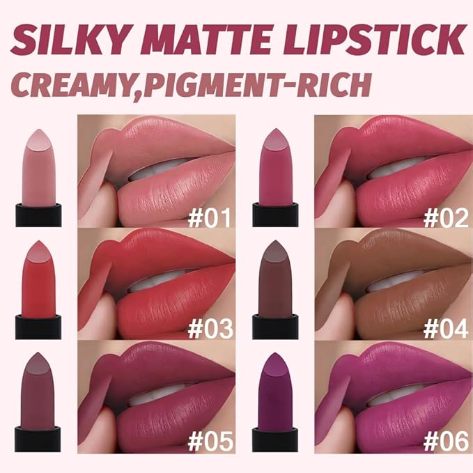 6Pcs Nude Pink Brown Ruby Red Wine Red Purple Matte Lipstick Set for Women Long Lasting Waterproof Moisturizing Lipsticks for Older Women 24 Hours Lip Stick Lip Stain Makeup Gift Kit,Lip Makeup Vegan