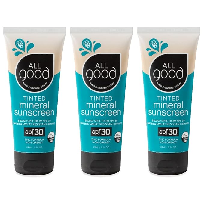 All Good Tinted Mineral Sport Sunscreen Lotion for Face & Body - UVA/UVB Broad Spectrum, SPF 30, Coral Reef Friendly, Water Resistant, Coconut Oil, Jojoba Oil, Shea Butter, Aloe (3 oz)(3-Pack)