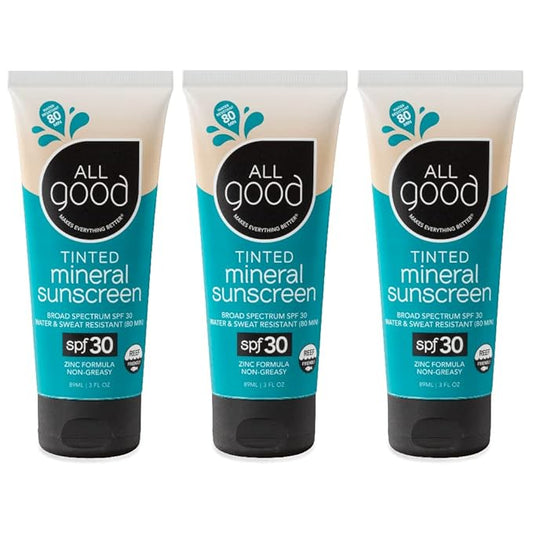 All Good Tinted Mineral Sport Sunscreen Lotion for Face & Body - UVA/UVB Broad Spectrum, SPF 30, Coral Reef Friendly, Water Resistant, Coconut Oil, Jojoba Oil, Shea Butter, Aloe (3 oz)(3-Pack)