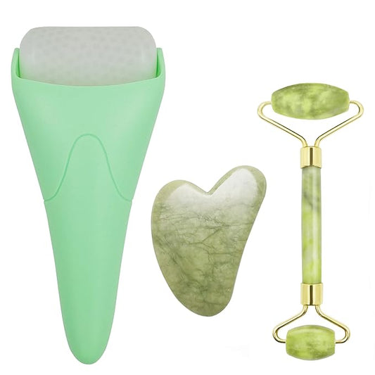 3 in 1 Ficial Face Ice Jade Roller and Gua Sha Tool, Natural Real Jade Anti-Wrinkle Face Eye Neck Massager Tool, Reduce Wrinkles, Puffiness, Migraine, Redness, Pain and Injury, Green