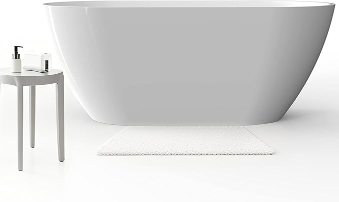 59 Inch Modern Acrylic Tub – Oval White Soaking Stand Alone Bath Tub with Chrome Drain, Ergonomic Design for Comfortable Full-Body Bathing in Home or Guest Bathroom