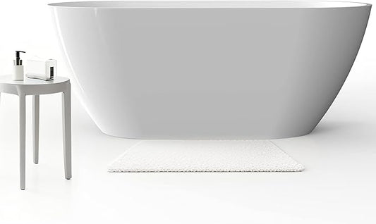 59 Inch Modern Acrylic Tub – Oval White Soaking Stand Alone Bath Tub with Chrome Drain, Ergonomic Design for Comfortable Full-Body Bathing in Home or Guest Bathroom