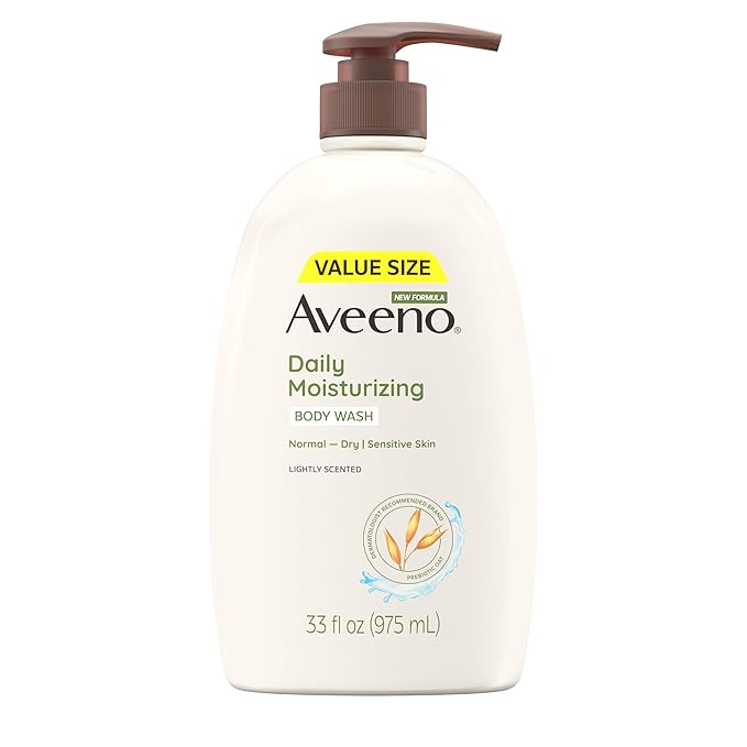 Aveeno Daily Moisturizing Body Wash for Women and Men for Dry & Sensitive Skin, Paraben, Soap & Dye-Free, Gentle Shower Cleanser, Dermatologist Recommended Brand, Lightly Scented, 33 Fl Oz