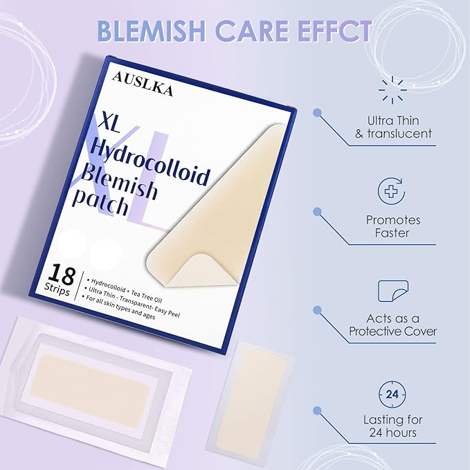 AUSLKA Large Blemish Patches, XL Pimple Patch -18 Strips - Hydrocolloid Patch for Covering Zits - Spot Stickers - Vegan and Cruelty for Face and Skin