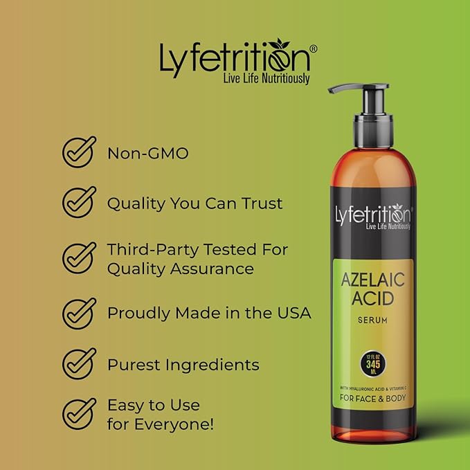 Azelaic Acid Serum with Hyaluronic Acid | Natural Face Serum with Vitamin C & Aloe Vera (12 Fl Oz), Clear, (Lyfe9080)