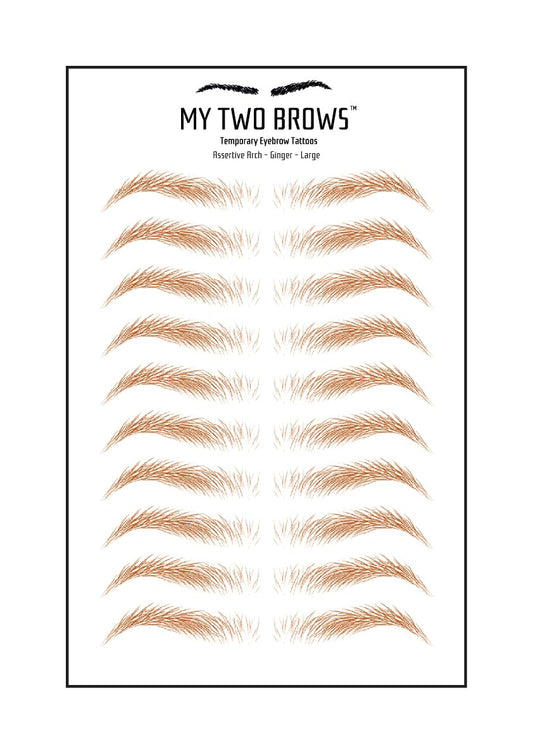 (10 pairs) Ginger Temporary Eyebrow Tattoo - Large Size - Waterproof & Smudgeproof - Assertive Arch Style Eyebrow Stickers - Sheet Lasts up to 30 Days - Won't Work on Existing Brows