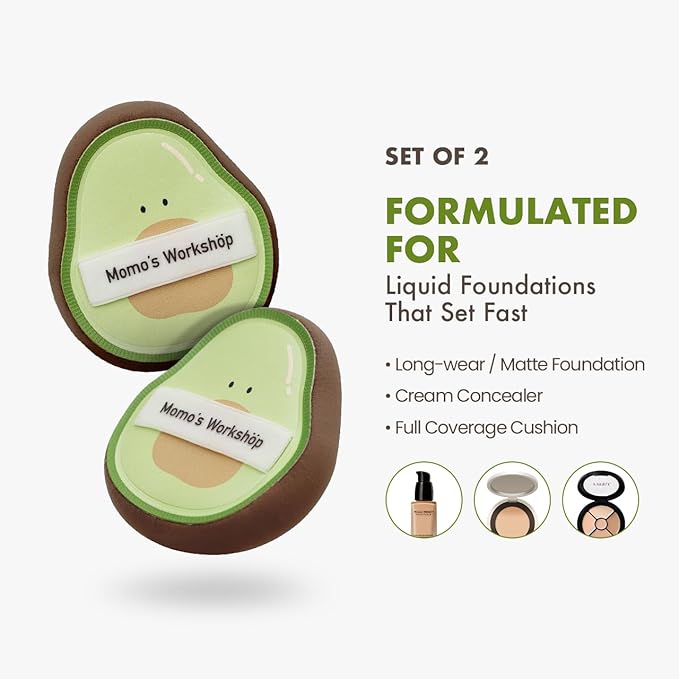 Avocado Makeup Sponge-Hydropolyurethane Foundation Sponge for Buildable Coverage, Dry&Wet Use with PU Leather Handle, Beauty Tool,2pcs Makeup Puffs With Storage Case
