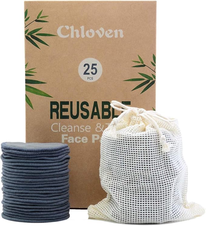 Chloven 25 Pack Charcoal Bamboo Reusable Makeup Remover Pads - Bamboo Reusable Cotton Rounds for Toner, Washable Eco-Friendly Pads for All Skin Types with Cotton Laundry Bag