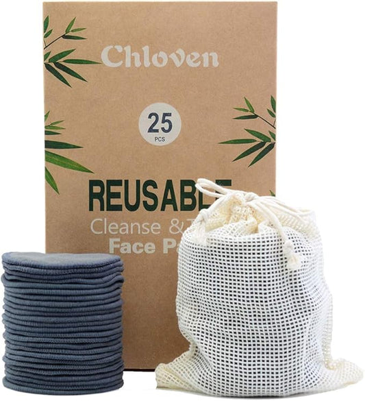 Chloven 25 Pack Charcoal Bamboo Reusable Makeup Remover Pads - Bamboo Reusable Cotton Rounds for Toner, Washable Eco-Friendly Pads for All Skin Types with Cotton Laundry Bag