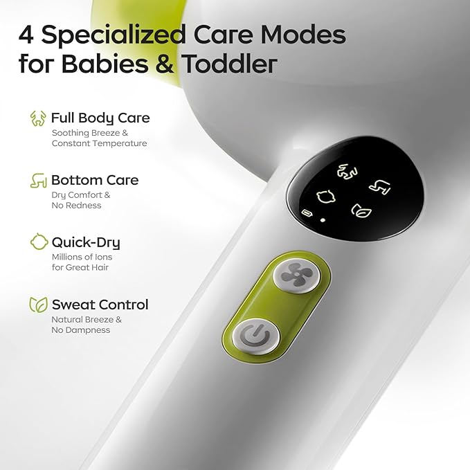 Bc Babycare Gentle Cordless Hair Dryer for Baby and Kids, Quiet Portable Mini Blow Dryer for Infant, Children Hair Dryer, Low Heat/Speed with 4 Model for Hair Diaper and Full Body (Green)