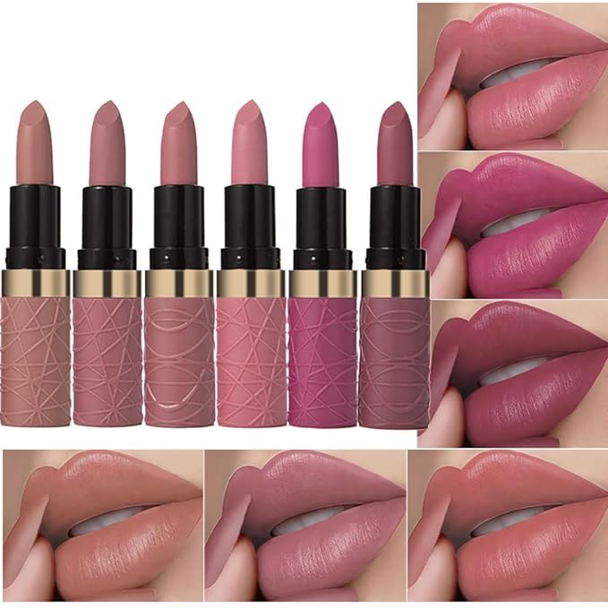 6 Pcs Nude Pink Brown Rose Red Purple Matte Lipstick Set for Women Long Lasting Waterproof Moisturizing Lipsticks for Older Women 24 Hours Lip Stick Lip Stain Makeup Gift Kit,Lip Makeup Vegan