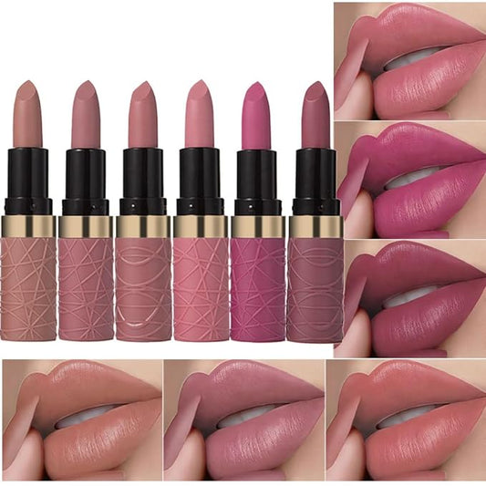 6 Pcs Nude Pink Brown Rose Red Purple Matte Lipstick Set for Women Long Lasting Waterproof Moisturizing Lipsticks for Older Women 24 Hours Lip Stick Lip Stain Makeup Gift Kit,Lip Makeup Vegan