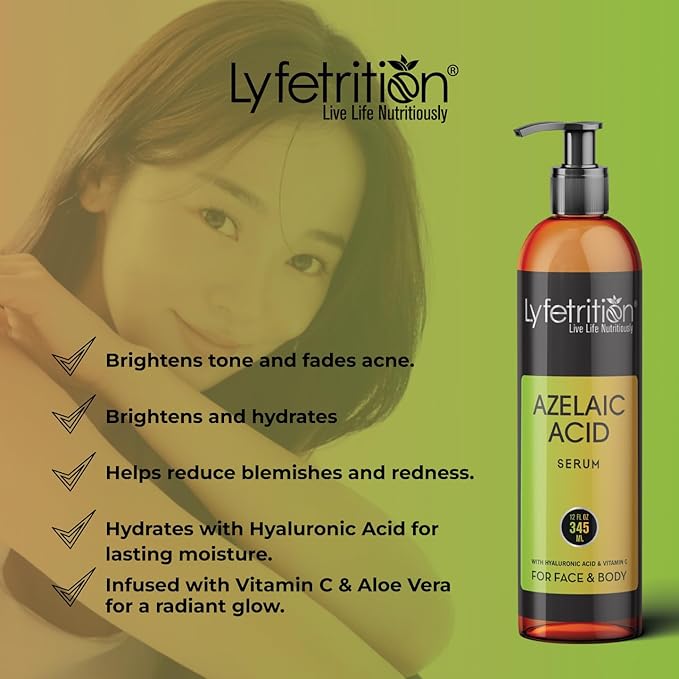 Azelaic Acid Serum with Hyaluronic Acid | Natural Face Serum with Vitamin C & Aloe Vera (12 Fl Oz), Clear, (Lyfe9080)