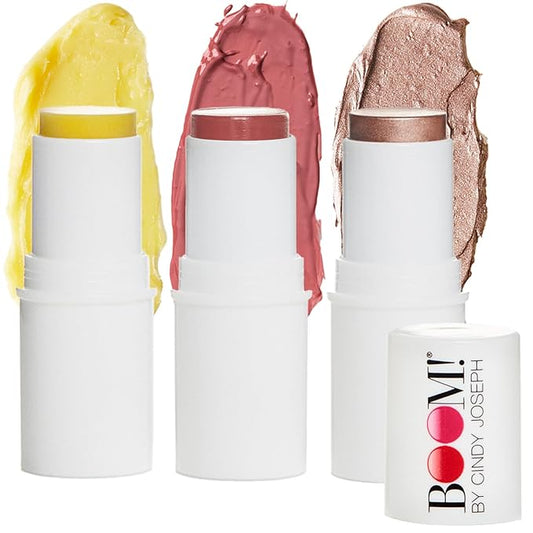 Boomstick Trio ® Rose Nude 3 Pack Cream Blush Makeup - Rose Nude Blush Stick, Highlighter Stick & Moisturizer for Cheeks, Eyes & Lips - Boom Sticks by Cindy Joseph for Older Women