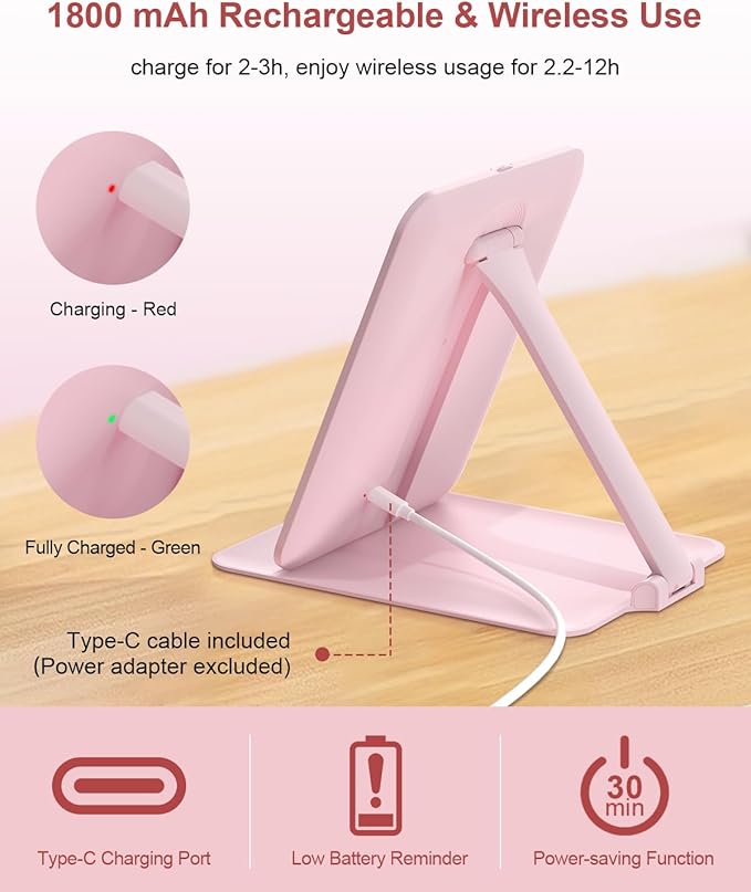 Gospire Travel Makeup Mirror with Lights and Magnification 10X, Portable Make Up Compact Tabletop Mirror with Adjustable Stand, 3 Colored Lights Rechargeable Lighted LED Vanity Mirror - Pink