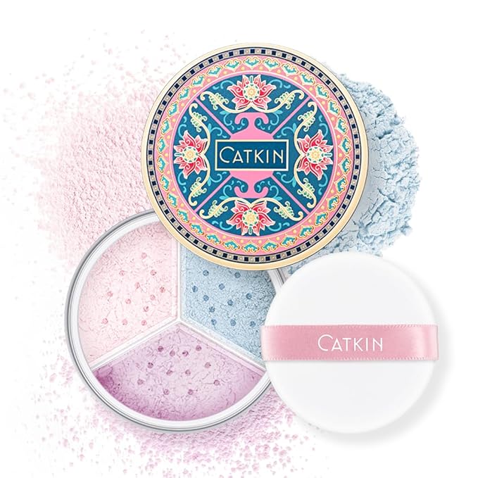 CATKIN Loose Setting Powder - Translucent Shimmer Finishing Powder, 3 Colors Even Skin Tone, Oil Control Makeup Pore Minimizing Powder with Velour Puff (0.42oz, C03 Shimmer for Dry Skin)