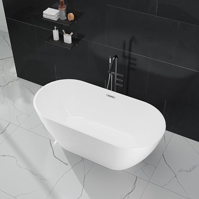 59 Inch Modern Acrylic Tub – Oval White Soaking Stand Alone Bath Tub with Chrome Drain, Ergonomic Design for Comfortable Full-Body Bathing in Home or Guest Bathroom