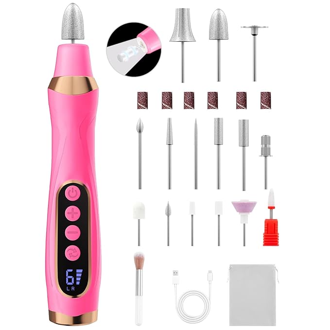 Cordless Nail Drill, Long-Lasting Electric Nail File, Low Noise Electric Nail Drill with 360° LED Light & 6 Speeds, Toenail Grinder for Thick Nail Toenail Cuticle Women Men Baby Pets